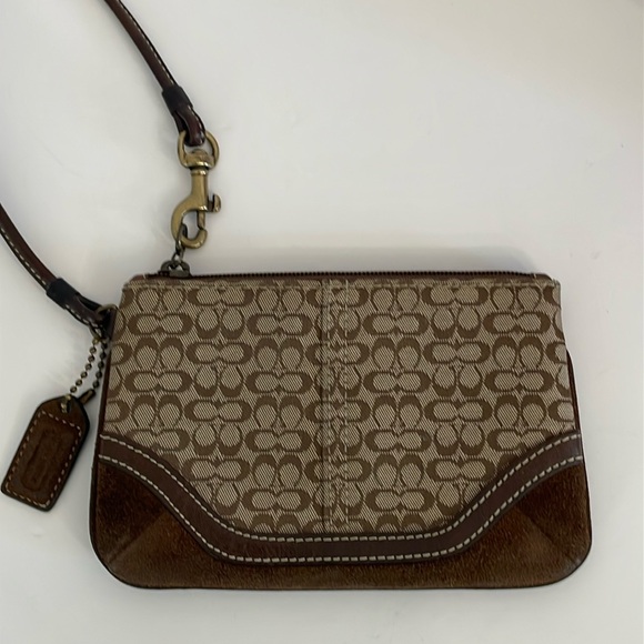 Coach Signature Mini Cs & Suede Wristlet Khaki & Brown - Picture 1 of 10